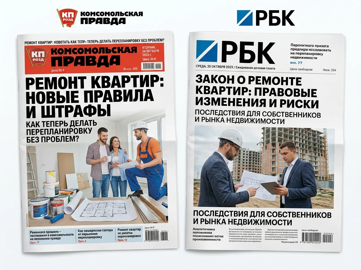 Обложки федеральных изданий Комсомольская правда и РБК с заголовками статей о законах по перепланировке квартир, логотипы СМИ на белом фоне